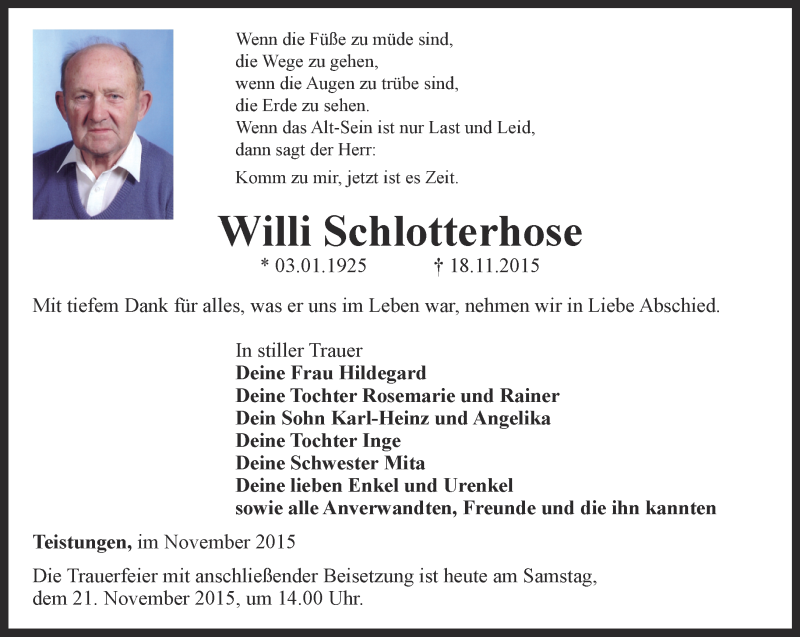  Traueranzeige für Willi Schlotterhose vom 21.11.2015 aus Thüringer Allgemeine