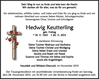 Traueranzeige von Hedwig Keutterling von Thüringer Allgemeine, Thüringische Landeszeitung