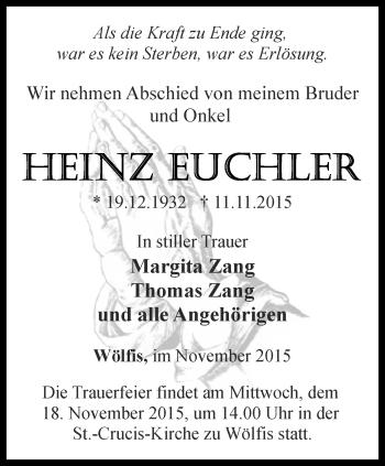 Traueranzeige von Heinz Euchler von Ostthüringer Zeitung, Thüringische Landeszeitung