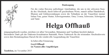 Traueranzeige von Helga Offhauß von Thüringer Allgemeine