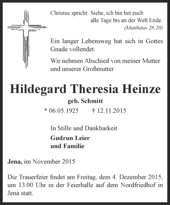 Traueranzeige von Hildegard Theresia Heinze von Ostthüringer Zeitung, Thüringische Landeszeitung