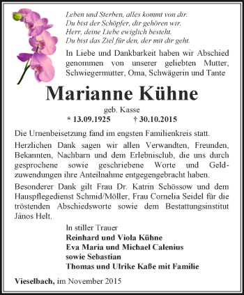 Traueranzeige von Marianne Kühne von Thüringer Allgemeine, Thüringische Landeszeitung