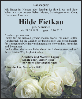 Traueranzeige von Hilde Fietkau von Ostthüringer Zeitung