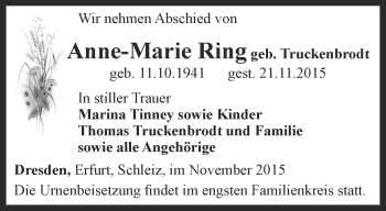 Traueranzeige von Anne-Marie Ring von Ostthüringer Zeitung