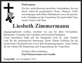 Traueranzeige von Liesbeth Zimmermann von Thüringer Allgemeine, Thüringische Landeszeitung