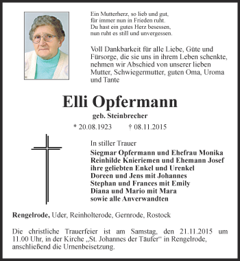 Traueranzeige von Elli Opfermann von Thüringer Allgemeine