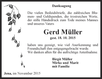 Traueranzeige von Gerd Müller von Ostthüringer Zeitung, Thüringische Landeszeitung