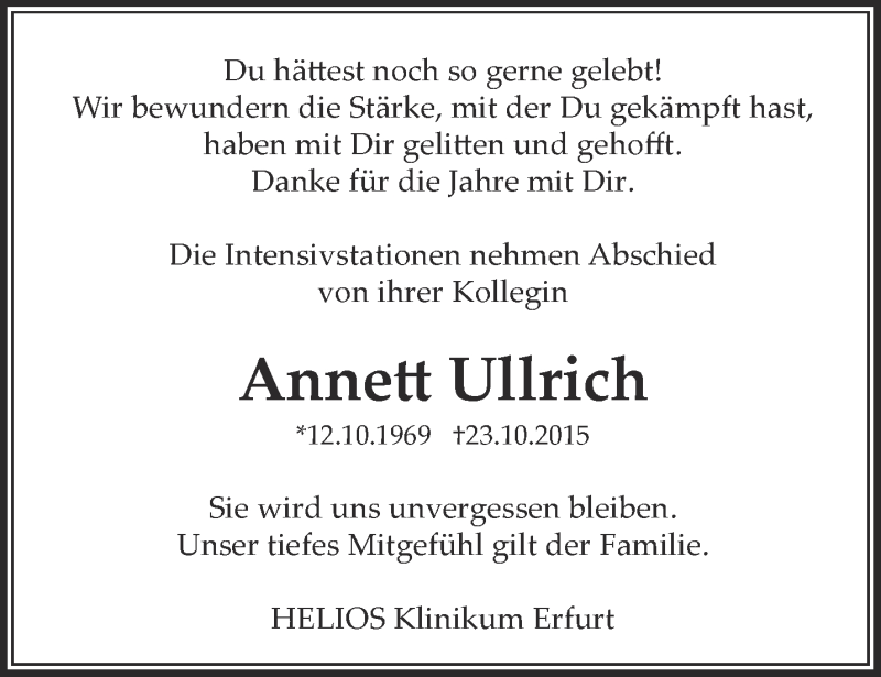  Traueranzeige für Annett Ullrich vom 02.11.2015 aus Thüringer Allgemeine, Thüringische Landeszeitung