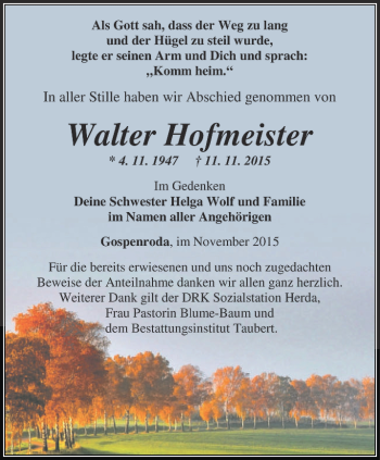 Traueranzeige von Walter Hofmeister von Thüringer Allgemeine, Thüringische Landeszeitung