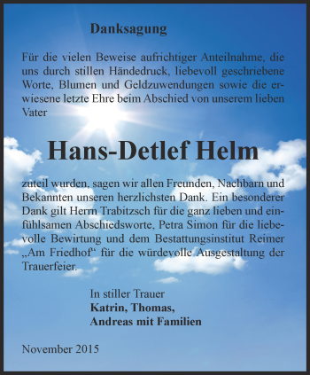 Traueranzeige von Hans-Detlef Helm von Thüringer Allgemeine