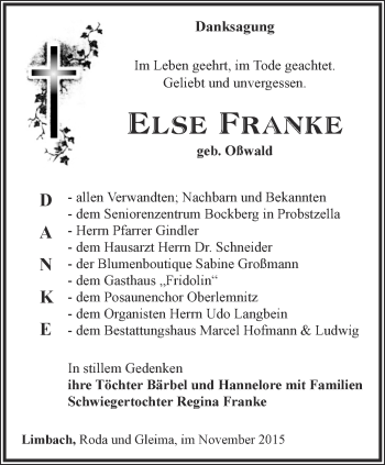 Traueranzeige von Else Franke von Ostthüringer Zeitung