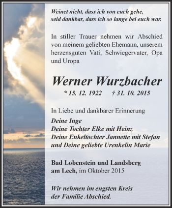 Traueranzeige von Werner Wurzbacher von Ostthüringer Zeitung