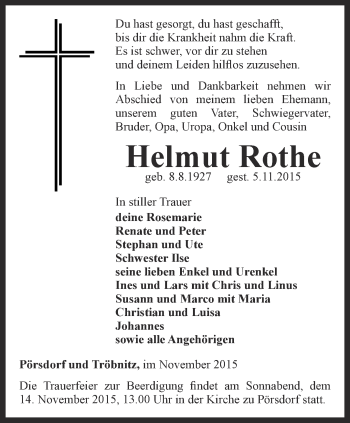 Traueranzeige von Helmut Rothe von Ostthüringer Zeitung