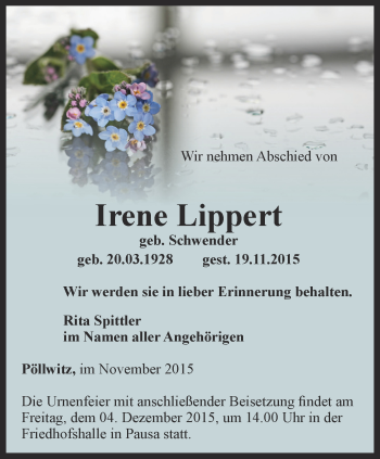 Traueranzeige von Irene Lippert von Ostthüringer Zeitung