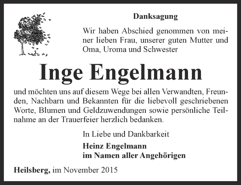  Traueranzeige für Inge Engelmann vom 14.11.2015 aus Ostthüringer Zeitung