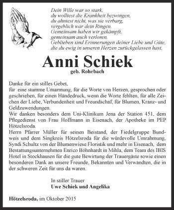 Traueranzeige von Anni Schiek von Thüringer Allgemeine, Thüringische Landeszeitung