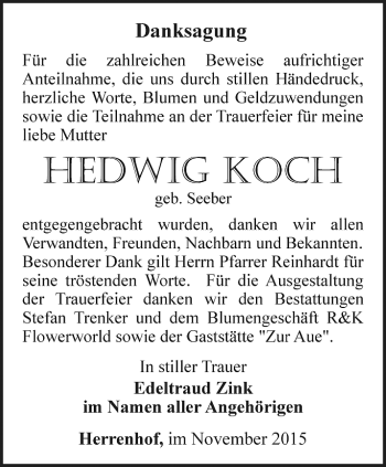 Traueranzeige von Hedwig Koch von Ostthüringer Zeitung, Thüringische Landeszeitung