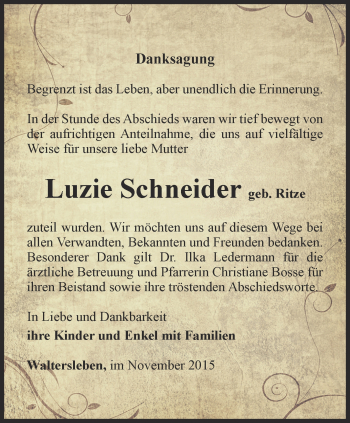 Traueranzeige von Luzie Schneider von Thüringer Allgemeine, Thüringische Landeszeitung