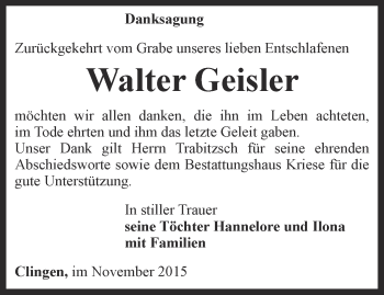Traueranzeige von Walter Geisler von Thüringer Allgemeine