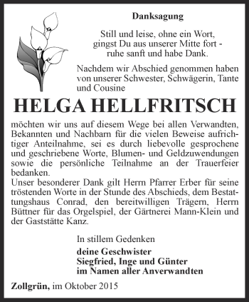 Traueranzeige von Helga Hellfritsch von Ostthüringer Zeitung