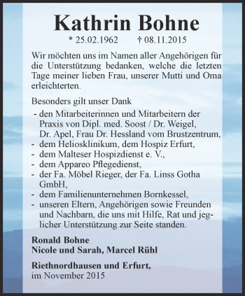 Traueranzeige von Kathrin Bohne