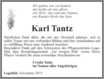 Traueranzeige von Karl Tantz von Thüringer Allgemeine, Thüringische Landeszeitung