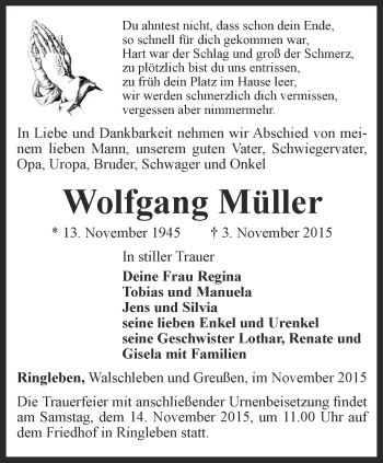 Traueranzeige von Wolfgang Müller von Thüringer Allgemeine, Thüringische Landeszeitung