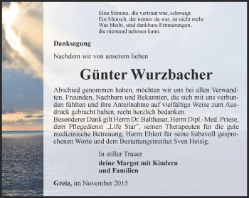 Traueranzeige von Günter Wurzbacher von Ostthüringer Zeitung