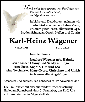 Traueranzeige von Karl-Heinz Wägener von Thüringer Allgemeine, Thüringische Landeszeitung