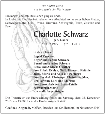 Traueranzeige von Charlotte Schwarz von Thüringer Allgemeine