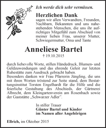 Traueranzeige von Anneliese Bartel von Thüringer Allgemeine