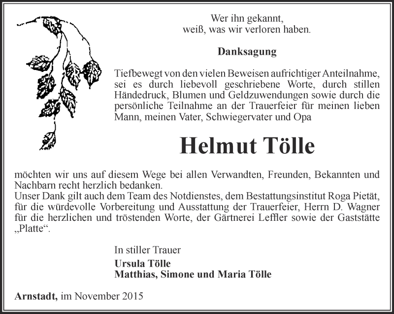  Traueranzeige für Helmut Tölle vom 14.11.2015 aus Thüringer Allgemeine