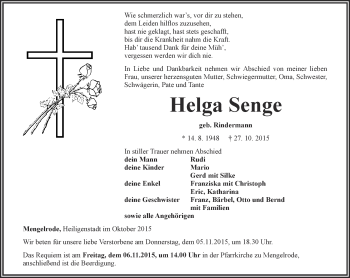 Traueranzeige von Helga Senge von Thüringer Allgemeine