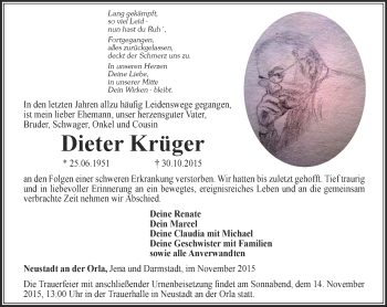 Traueranzeige von Dieter Krüger von Ostthüringer Zeitung