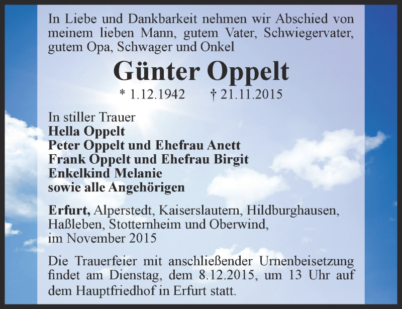  Traueranzeige für Günter Oppelt vom 28.11.2015 aus Thüringer Allgemeine, Thüringische Landeszeitung