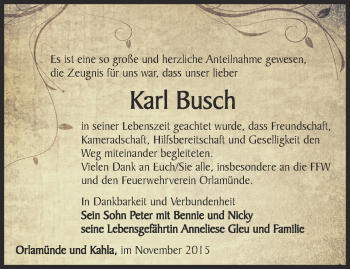 Traueranzeige von Karl Busch von Ostthüringer Zeitung, Thüringische Landeszeitung