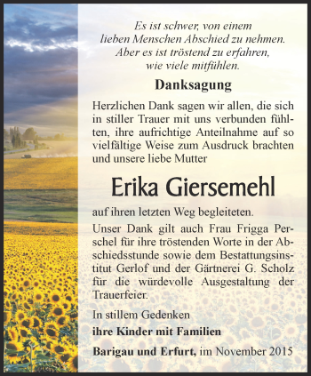 Traueranzeige von Erika Giersemehl von Ostthüringer Zeitung