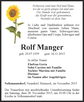 Traueranzeige von Rolf Manger von Ostthüringer Zeitung