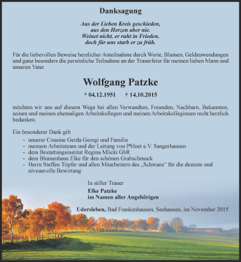 Traueranzeige von Wolfgang Patzke von Thüringer Allgemeine