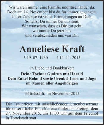 Traueranzeige von Anneliese Kraft von Thüringer Allgemeine, Thüringische Landeszeitung