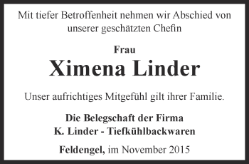 Traueranzeige von Ximena Linder von Thüringer Allgemeine