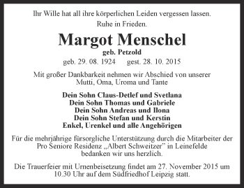 Traueranzeige von Margot Menschel von Thüringer Allgemeine