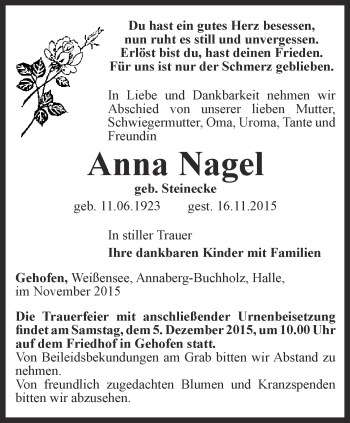 Traueranzeige von Anna Nagel von Thüringer Allgemeine