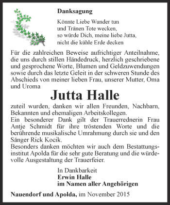 Traueranzeige von Jutta Halle von Thüringer Allgemeine, Thüringische Landeszeitung