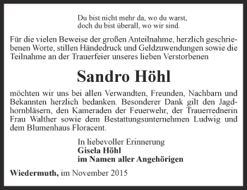 Traueranzeige von Sandro Höhl von Thüringer Allgemeine