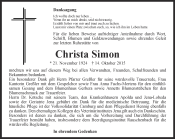Traueranzeige von Christa Simon von Ostthüringer Zeitung, Thüringische Landeszeitung