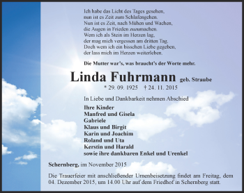 Traueranzeige von Linda Fuhrmann von Thüringer Allgemeine