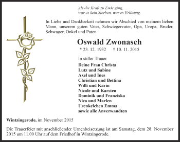 Traueranzeige von Oswald Zwonasch von Thüringer Allgemeine