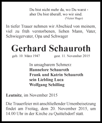 Traueranzeige von Gerhard Schauroth von Ostthüringer Zeitung