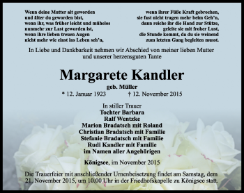 Traueranzeige von Margarete Kandler von Ostthüringer Zeitung